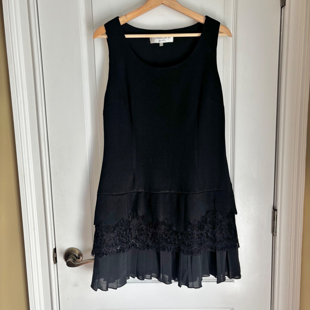 Patrizia Luca Milano Black Lace Pleated Drop Waist Sleeveless Dress Medium